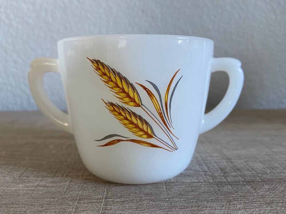 Vintage Fire King Milk Glass Wheat Pattern Sugar Bowl Double Handled